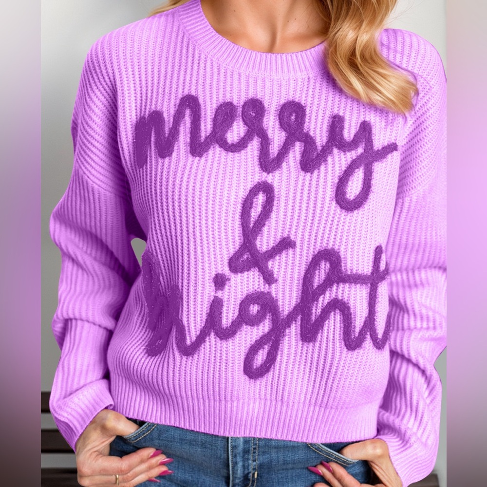 MERRY & BRIGHT Christmas Dropped Shoulder Cropped Sweater
